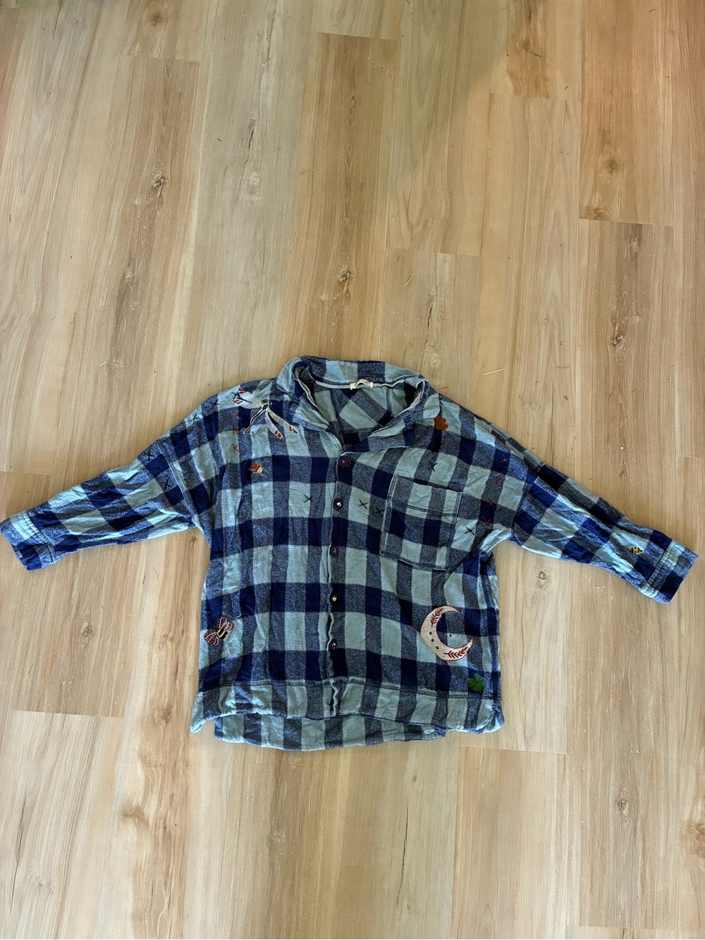 Free People Blue Plaid Button-Up Top with Embroidery